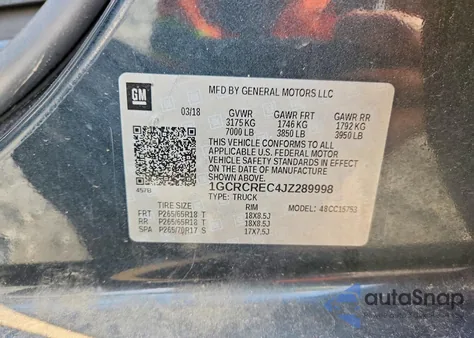 2018 Chevrolet Silverado C1500 Lt из США, поврежденный, VIN 1GCRCREC4JZ289998